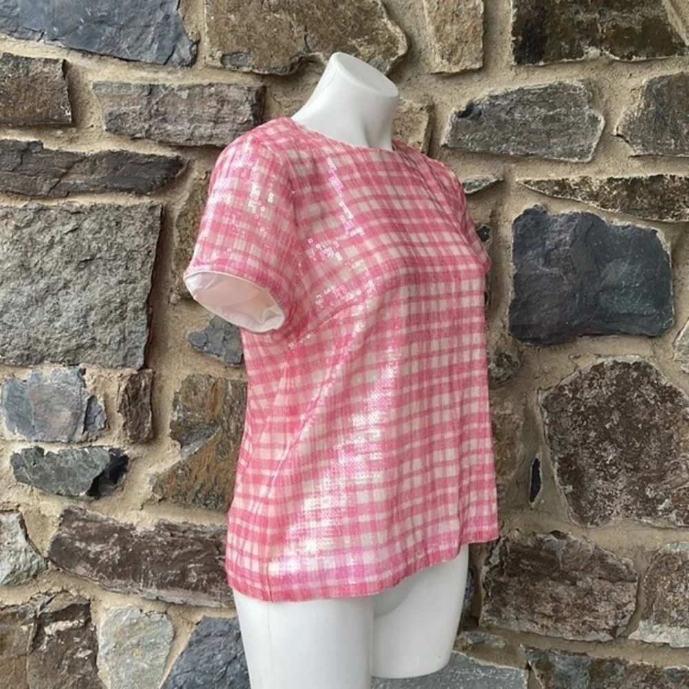 NWT J.Crew Pink Gingham Sequin Top size small